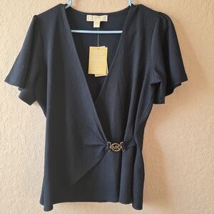 Michael Michael Kors NWT Faux Wrap Blouse Gold Logo Navy Size Small